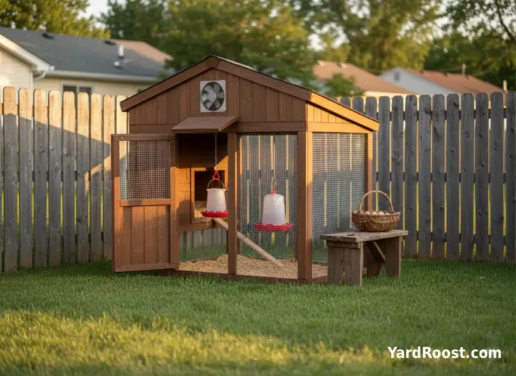 A small, covered exhaust fan mounted high on a coop wall near the roofline with a protective hardware cloth screen.