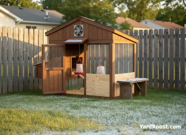A winter-ready coop with upper vents still open under the eaves while lower wind-facing gaps are blocked to prevent drafts at roost level.