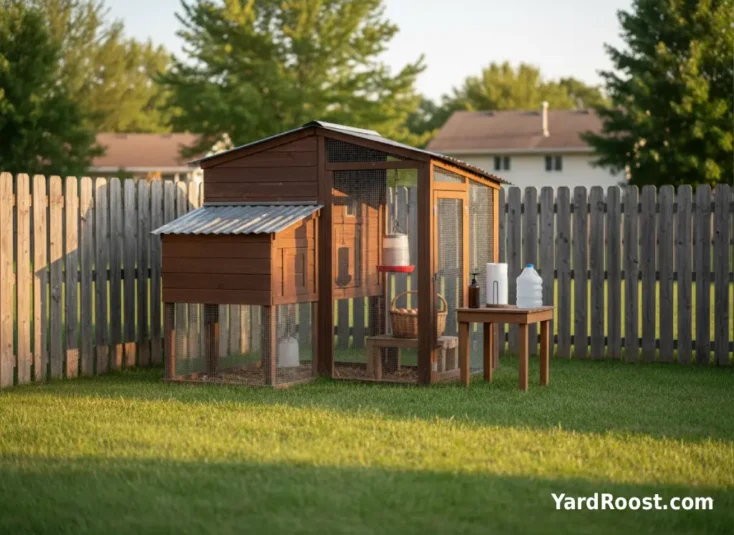 A handwashing station with soap and paper towels set near a backyard coop entrance, with the coop and run visible behind it.