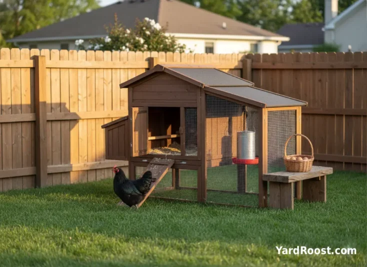 Black Australorp hen standing near a backyard coop door in golden-hour light.