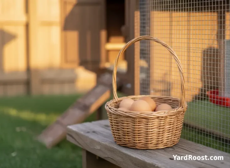 Basket of fresh medium-brown eggs on a rustic bench beside the coop.
