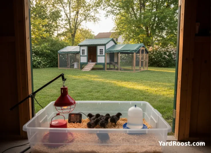 Brooder bin with pine shavings, chick feeder, waterer, and heat lamp thermometer.