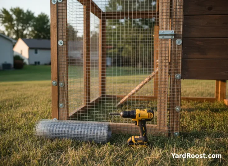 Close-up of galvanized hardware cloth secured to a coop run frame with screws and washers.