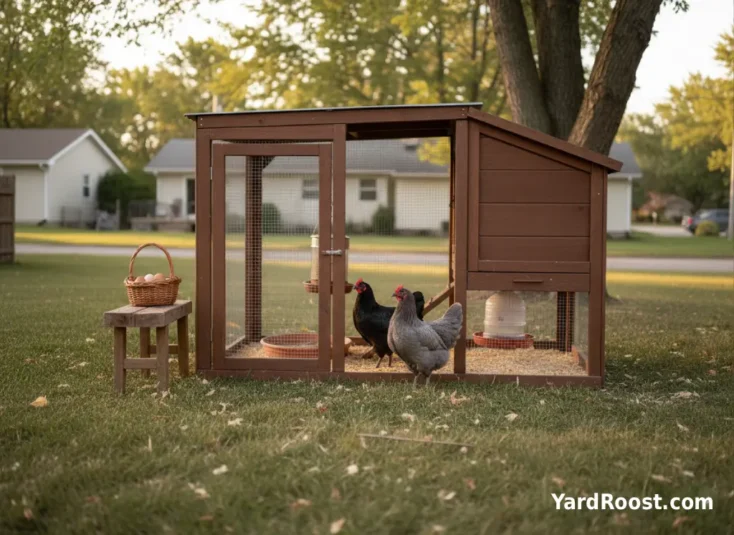 Two Australorp-type hens, one black and one blue-gray, standing near the run gate.