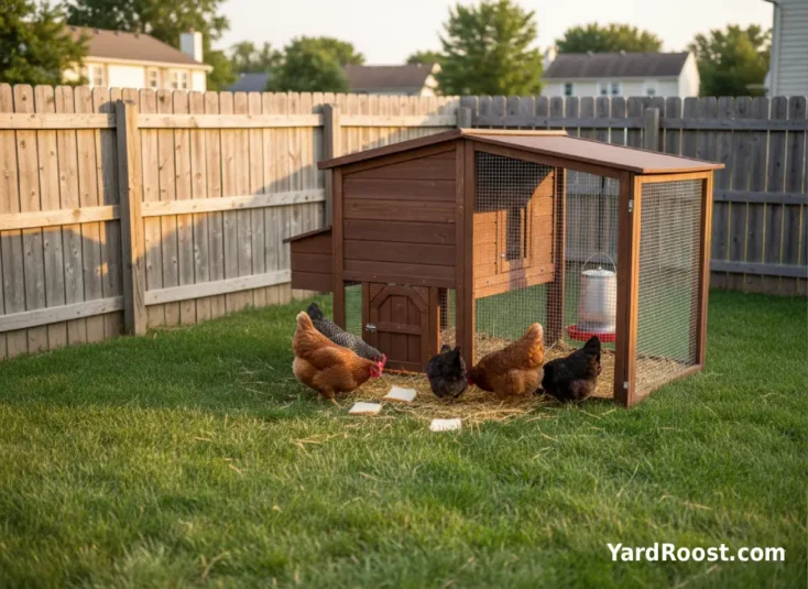 A small flock of backyard hens pecking a few bite-size bread pieces scattered on clean straw near a covered run.