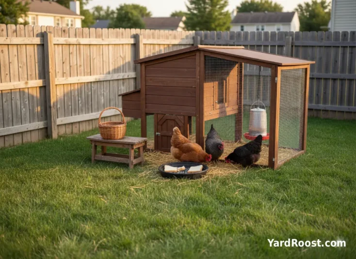 A shallow rubber feed pan holding torn plain bread pieces placed beside a hanging feeder in a backyard chicken run.