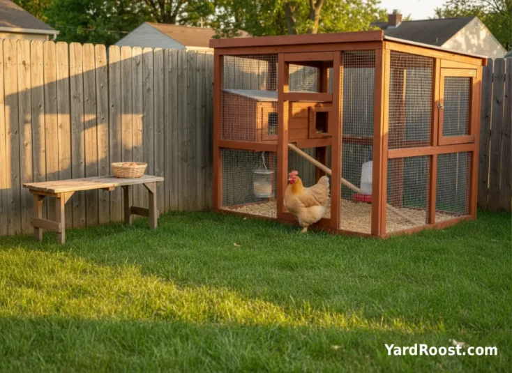 Buff Orpington hen standing in clean pine shavings inside a backyard coop with a covered run in warm golden-hour light.