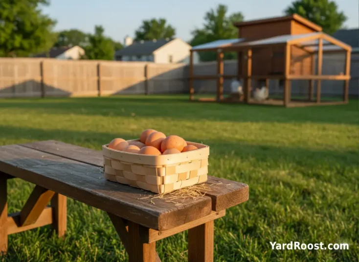A woven egg basket holding several light to medium brown chicken eggs on a rustic bench next to a backyard coop.