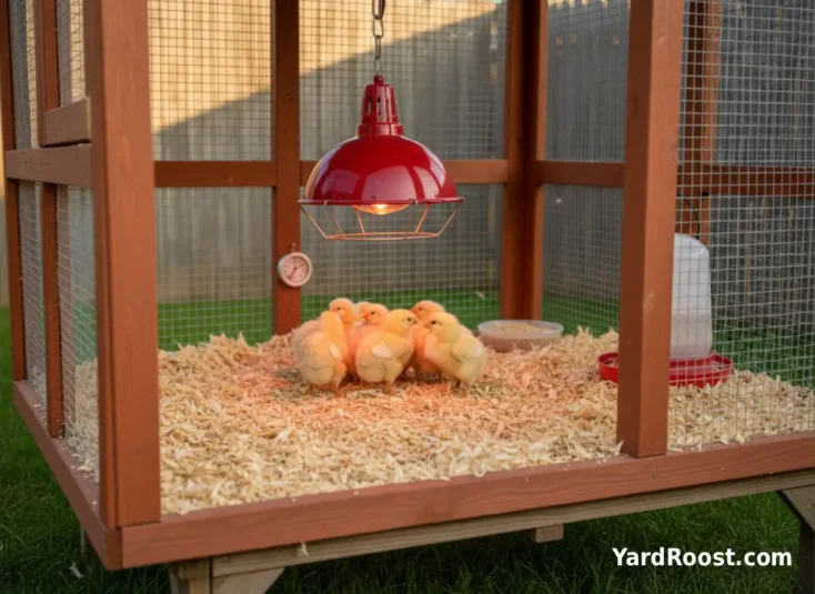 A chick brooder with pine shavings, a heat lamp, thermometer, waterer, and fluffy yellow chicks resting comfortably.