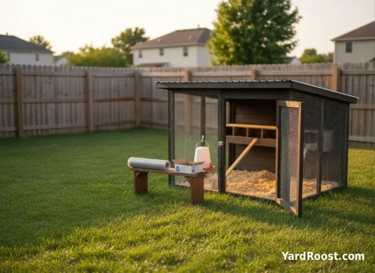 A sturdy wooden backyard coop with a covered hardware-cloth run, wide roost bars, and dry bedding in golden-hour light.