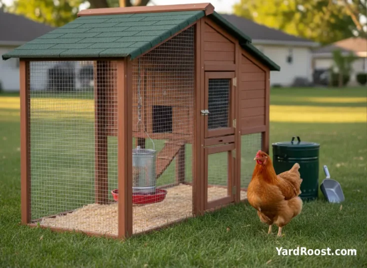 A hanging feeder and waterer inside a covered chicken run with a buff hen nearby and clean, dry ground.