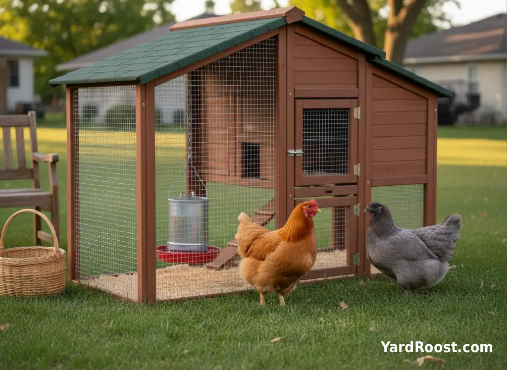 A lavender-gray Orpington standing near a buff Orpington hen inside a covered backyard run at sunset.