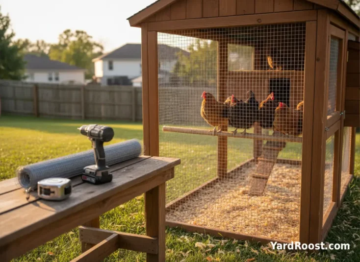 A coop corner with a narrow roost and crowded space, plus a tape measure and hardware cloth ready for upgrades.
