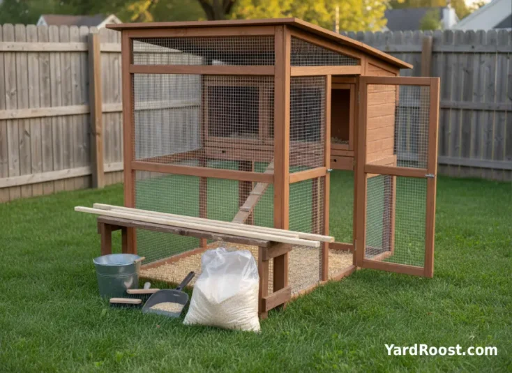 Roost bars removed and cleaning tools staged for a mite-focused coop reset.