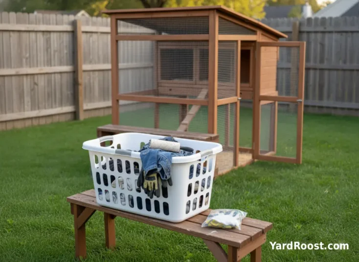 Laundry basket and lint roller staged near the coop to reduce mite carryover on clothing.