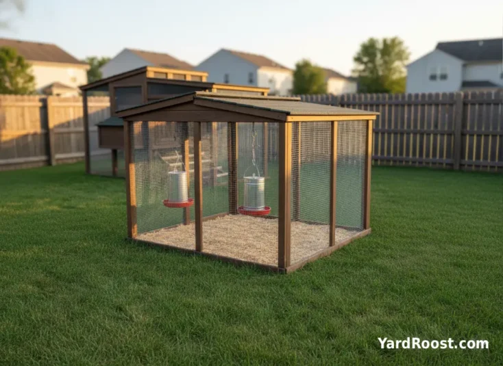 Separate small run setup used to quarantine new chickens before joining the flock.