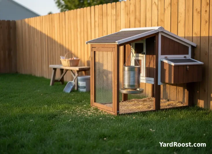 Gravity feeder in a covered run with clean bedding and almost no spilled feed.