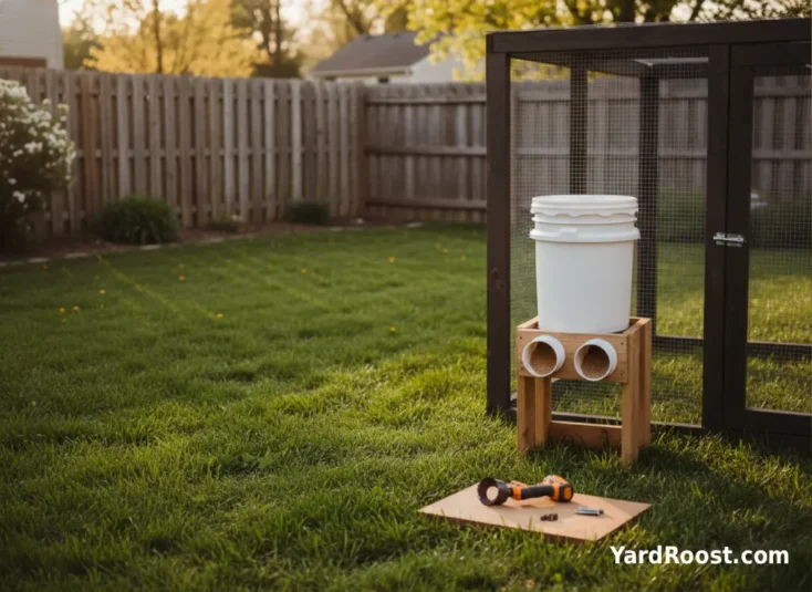 Elevated 5-gallon bucket chicken feeder with a tight lid and two feeding ports in a covered run.