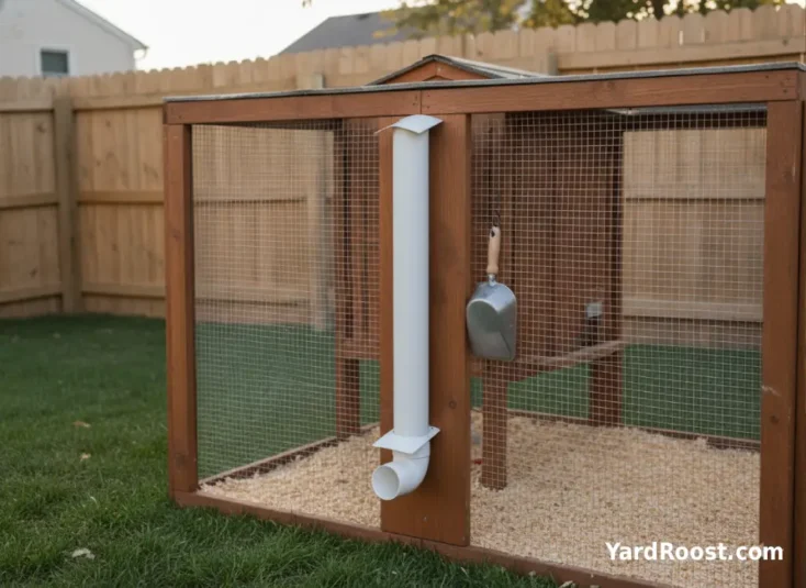 PVC elbow chicken feeder mounted to a board with a small rain hood in a covered run.