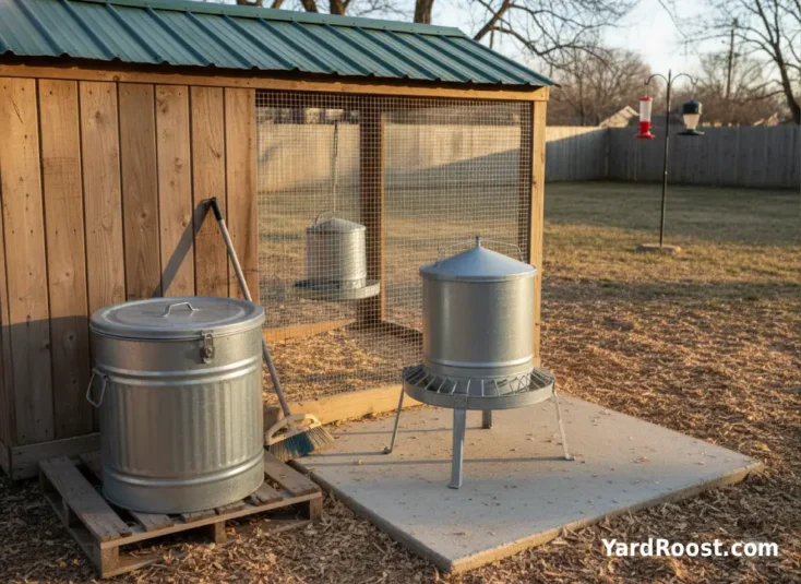 Elevated lidded bucket feeder with a sealed metal feed can nearby in a covered run.