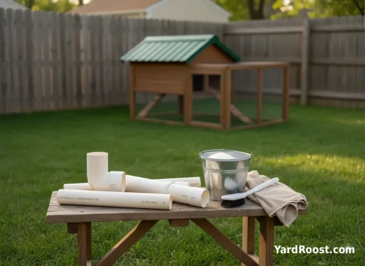 DIY PVC chicken feeder on a bench with a brush and soapy water ready for cleaning.