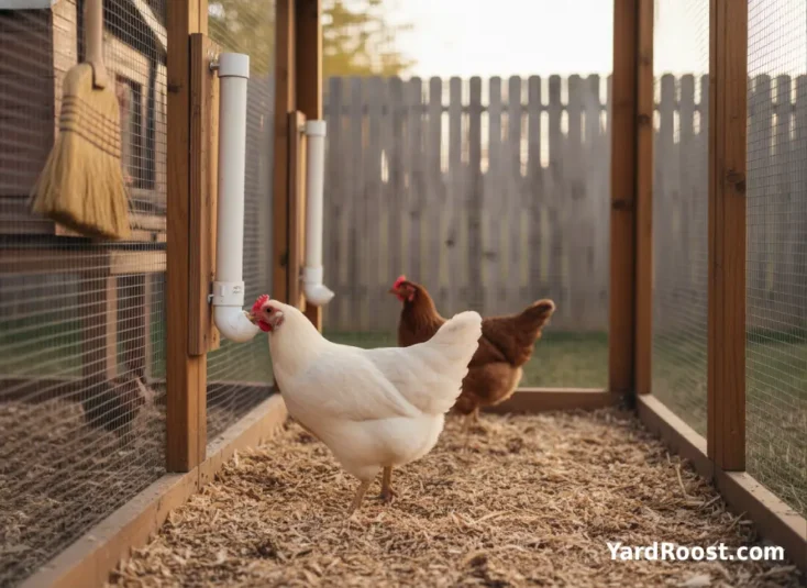 Two feeders spaced apart in a covered run to reduce bullying and keep feed off the ground.