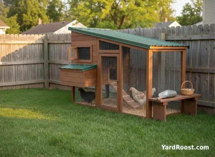 Two Easter Egger pullets with cheek muffs in a covered backyard run beside a small coop.