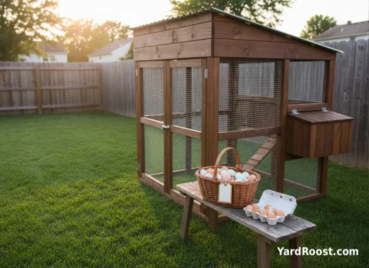 A basket of clean farm fresh eggs on a rustic bench beside a backyard coop at golden hour.