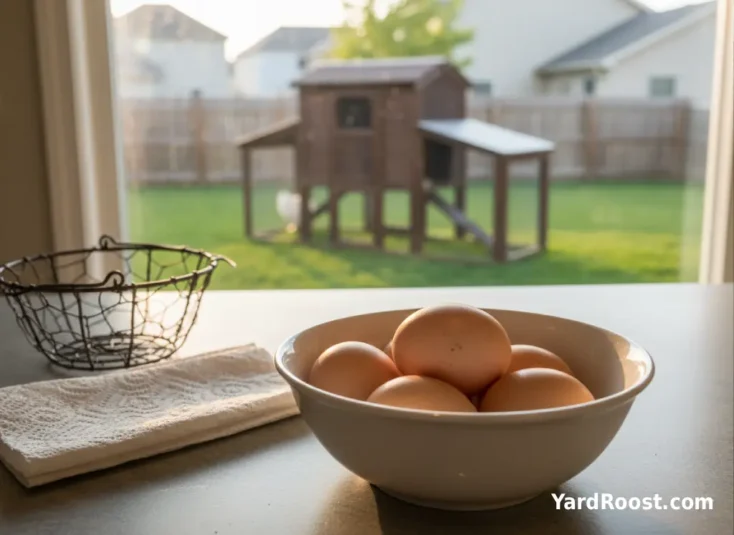 A small bowl of unwashed eggs on a cool kitchen counter near an open window, with the coop visible outside in soft light.