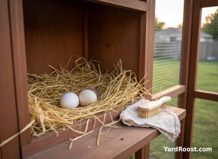 A close-up of two eggs in a nest box—one visibly clean and one lightly soiled—showing natural shell texture in warm light.