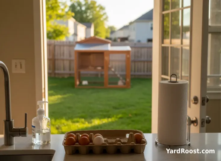 A simple egg-handling setup with a handwashing sink in the background and eggs in a carton on the counter near the coop door.