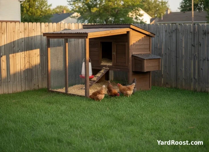 Backyard hens pecking at short green grass inside a covered run at golden hour.
