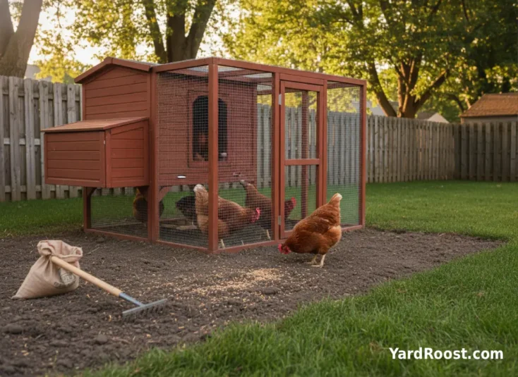 Hen pecking at scattered plain grass seed on bare soil near a coop run.