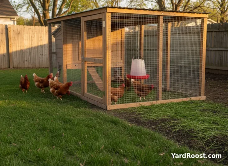 Freshly mowed untreated grass spread thinly near a covered chicken run, with hens choosing intact lawn nearby.