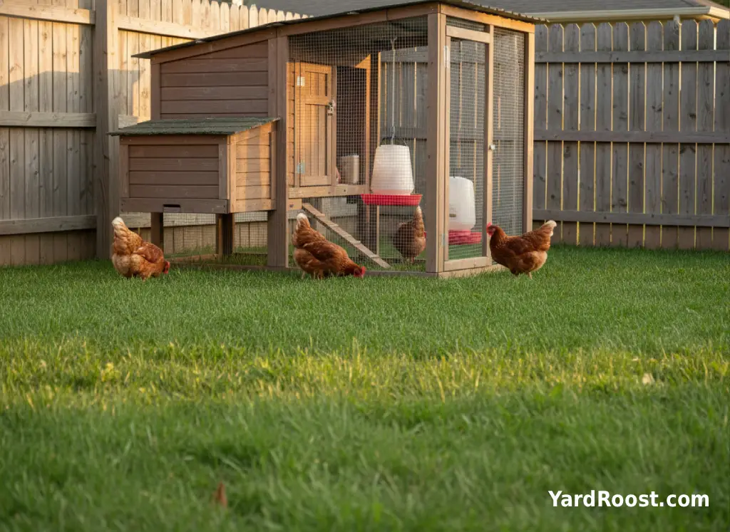 Backyard hens foraging on a short Bermuda grass lawn beside a wooden coop.