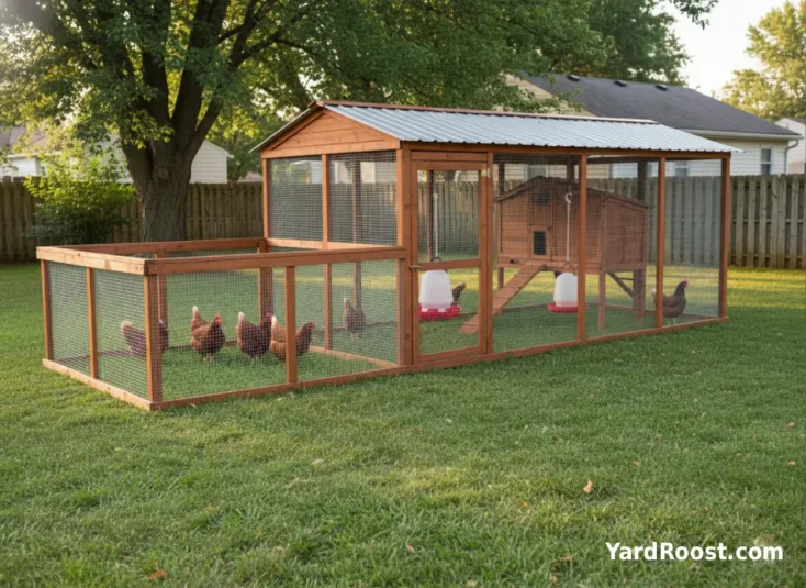 Covered run opening onto a small rotated grass pen with hardware cloth fencing and shade.