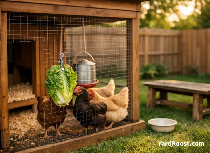 Backyard hens pecking a romaine lettuce head clipped to the run fence.
