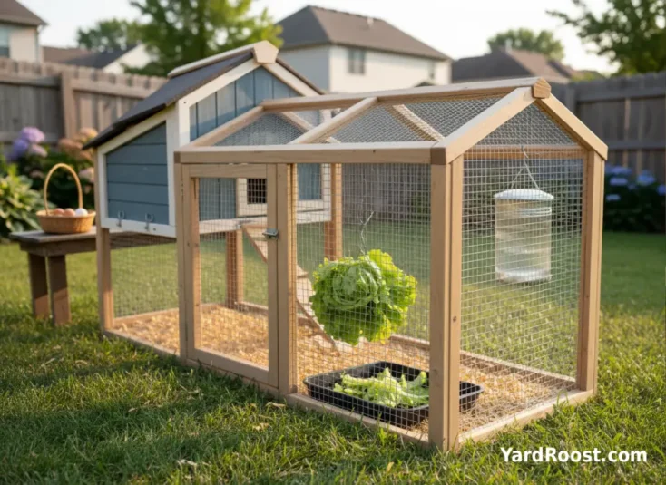 Lettuce clipped to run fencing above a tray to keep leaves off the ground.