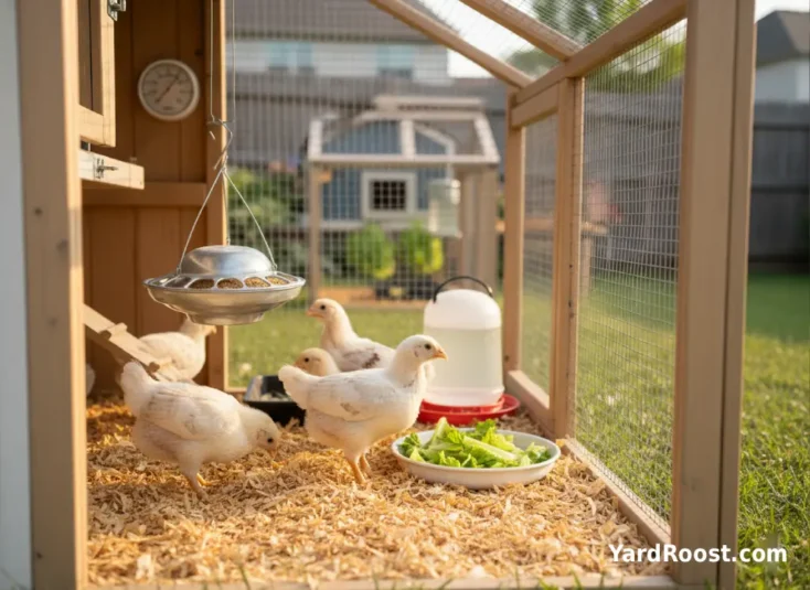 Six-week-old pullets offered a small dish of finely chopped romaine next to starter feed.