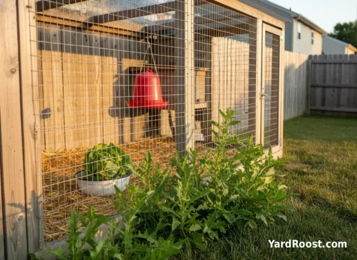 Wild lettuce-like weeds outside a run fence and a romaine head offered safely inside.