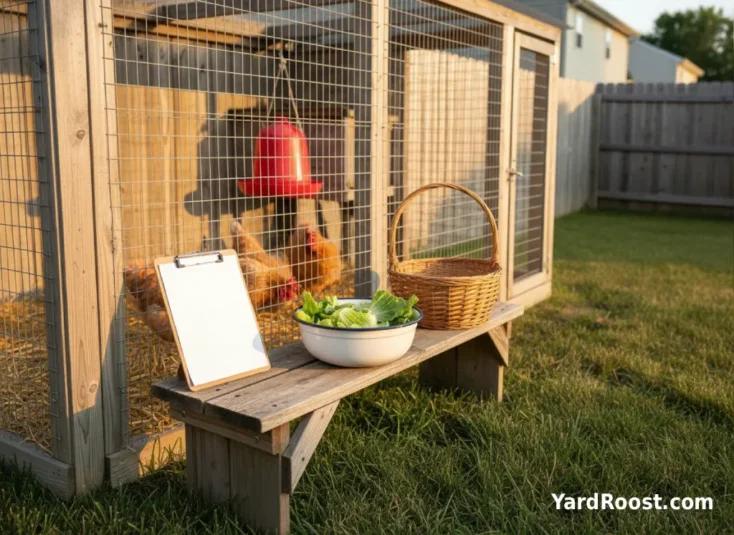 Coop-side setup with chopped lettuce, clean waterer, and a blank checklist board.