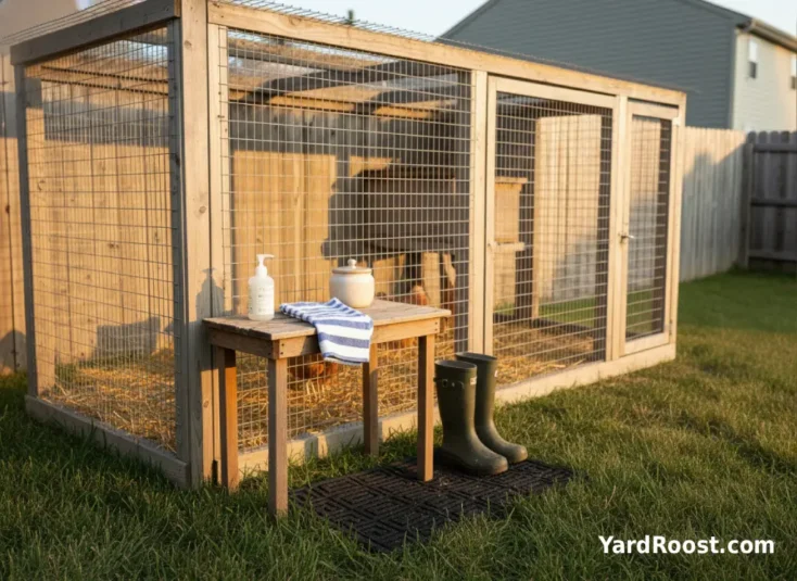 Outdoor handwashing setup and dedicated coop boots next to a backyard chicken run.