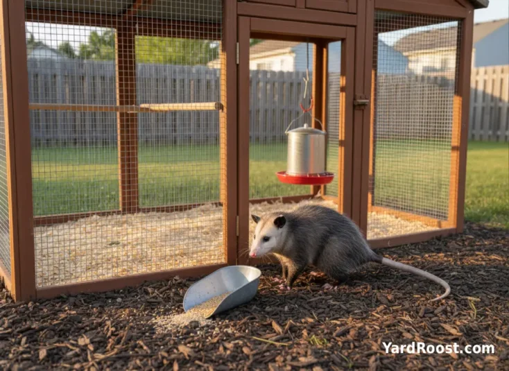 An opossum outside a hardware-cloth chicken run at dusk near spilled scratch grain.