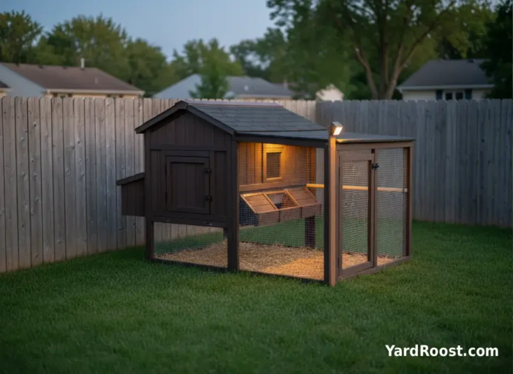 A closed coop pop door and latched run gate at twilight with a motion light mounted nearby.