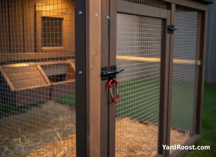 A close-up of galvanized hardware cloth stapled to a wooden run frame with a secure latch on the gate.