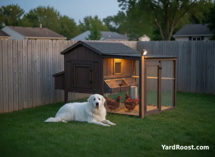 A livestock-guardian-style dog resting outside a fenced chicken run while hens forage inside the mesh enclosure.