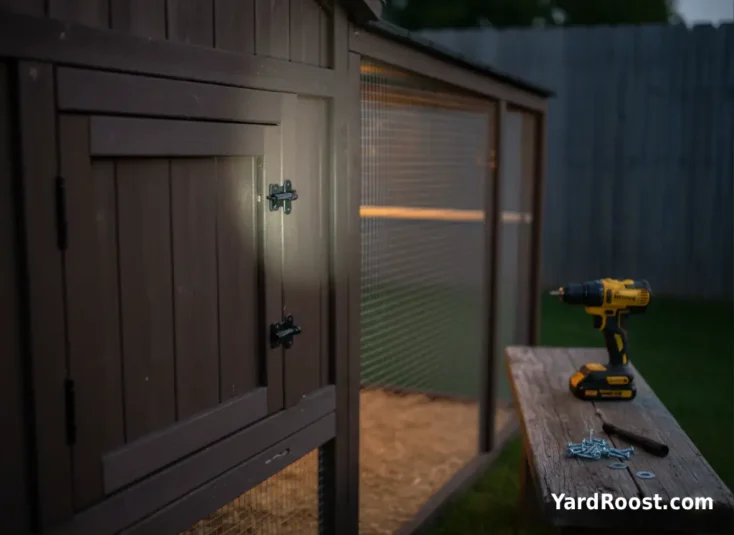 A flashlight beam aimed at a coop door seam while checking for gaps and loose screws along the frame.