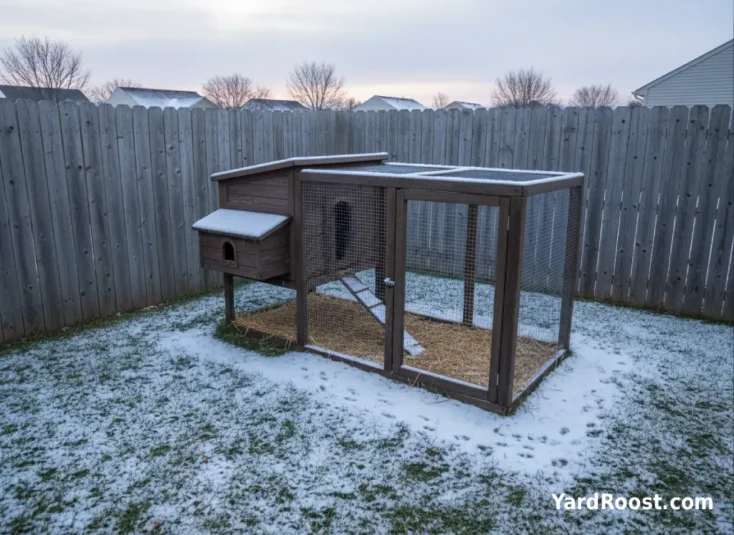 A snow-dusted chicken run perimeter with a clear path of animal tracks leading along the fence line at dawn.