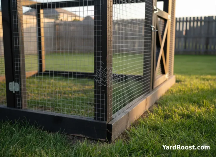 A run corner with a loose mesh seam and a simple latch without a backup clip, highlighting common coop security weak points.