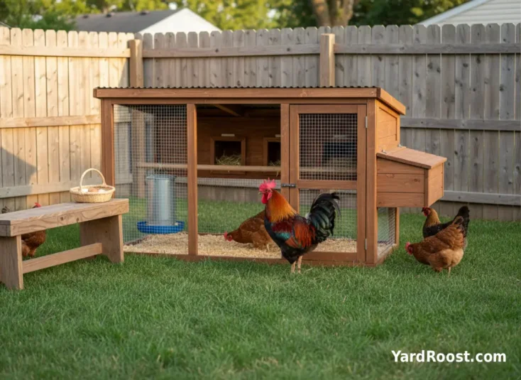 Backyard flock with one mature rooster and several hens near a small Ohio coop at golden hour.